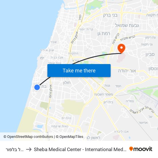 ת.רק''ל בלפור to Sheba Medical Center - International Medical Tourism Division map