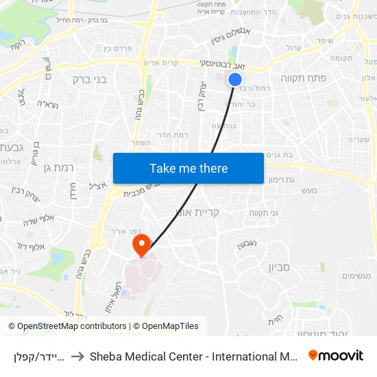 בי''ח שניידר/קפלן to Sheba Medical Center - International Medical Tourism Division map