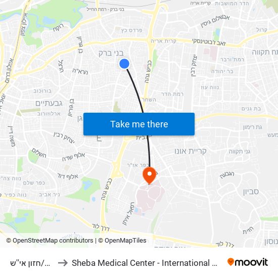 רבי עקיבא/חזון אי''ש to Sheba Medical Center - International Medical Tourism Division map