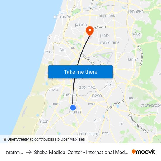 רכבת רחובות to Sheba Medical Center - International Medical Tourism Division map