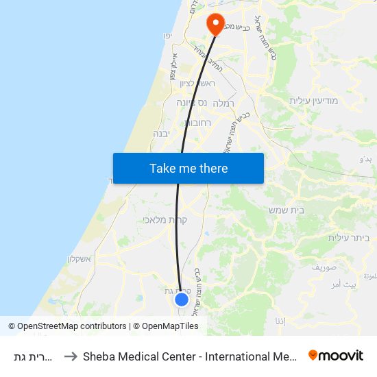 רכבת קרית גת to Sheba Medical Center - International Medical Tourism Division map