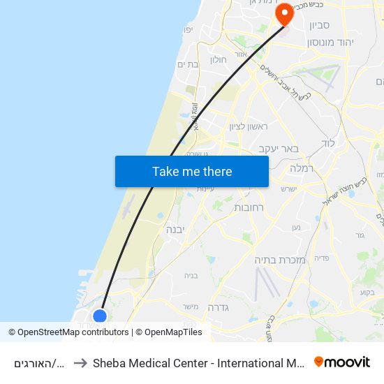 בני ברית/האורגים to Sheba Medical Center - International Medical Tourism Division map