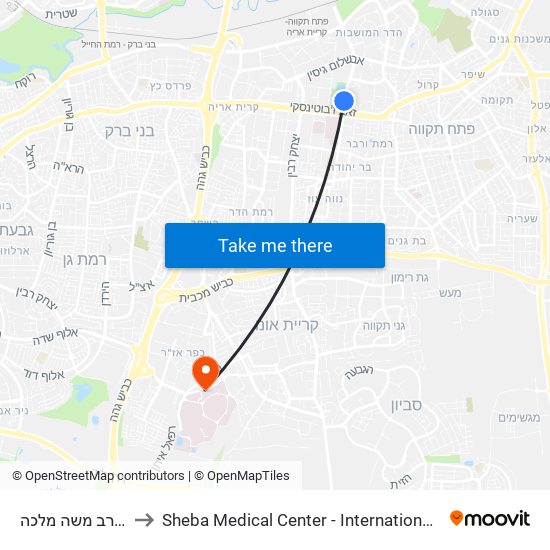 פארק פ''ת/הרב משה מלכה to Sheba Medical Center - International Medical Tourism Division map