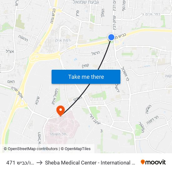 מחלף אונו/כביש 471 to Sheba Medical Center - International Medical Tourism Division map
