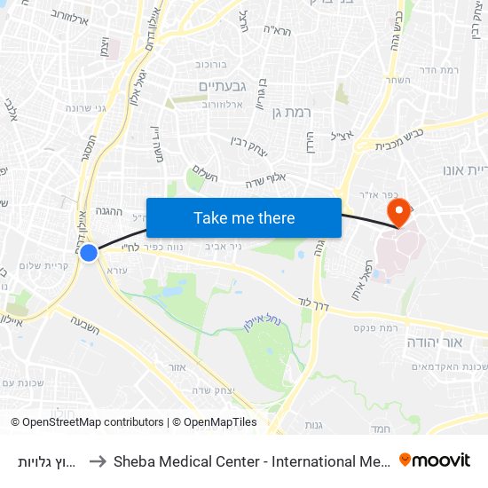 גשר קיבוץ גלויות to Sheba Medical Center - International Medical Tourism Division map