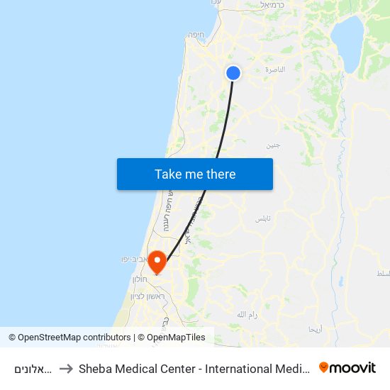 צומת אלונים to Sheba Medical Center - International Medical Tourism Division map