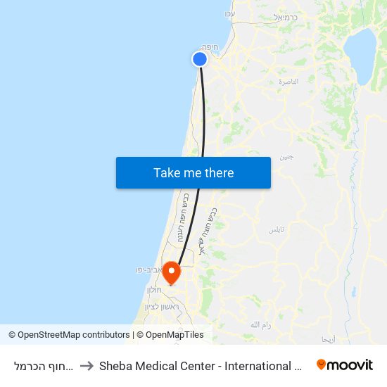 ת. רכבת חוף הכרמל to Sheba Medical Center - International Medical Tourism Division map