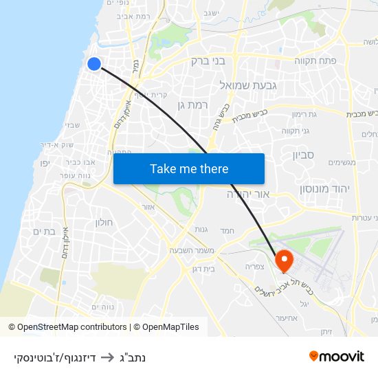 דיזנגוף/ז'בוטינסקי to נתב"ג map