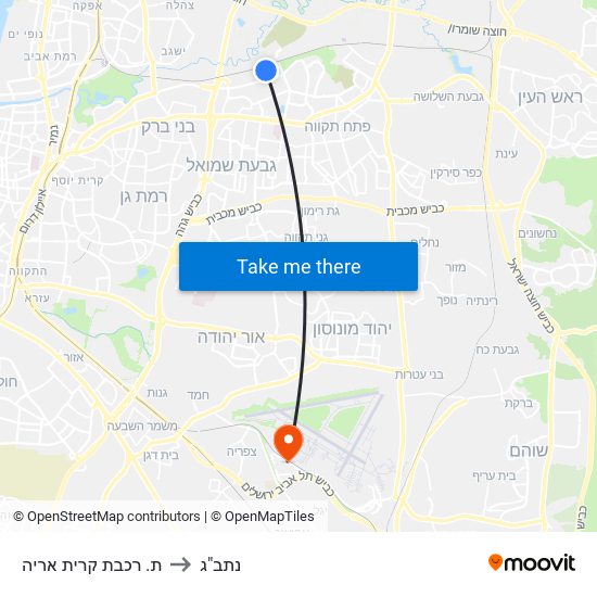 ת. רכבת קרית אריה to נתב"ג map