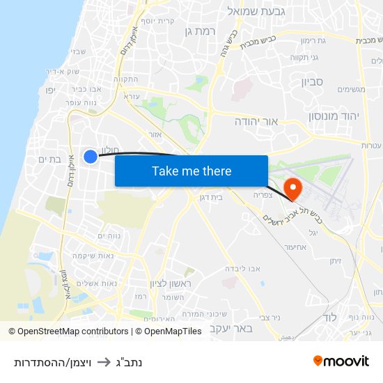 ויצמן/ההסתדרות to נתב"ג map