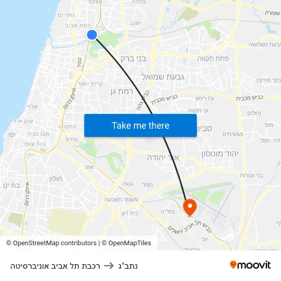 רכבת תל אביב אוניברסיטה to נתב"ג map