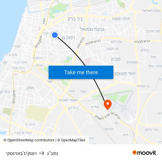 ויצמן/ז'בוטינסקי to נתב"ג map