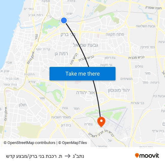 ת. רכבת בני ברק/מבצע קדש to נתב"ג map