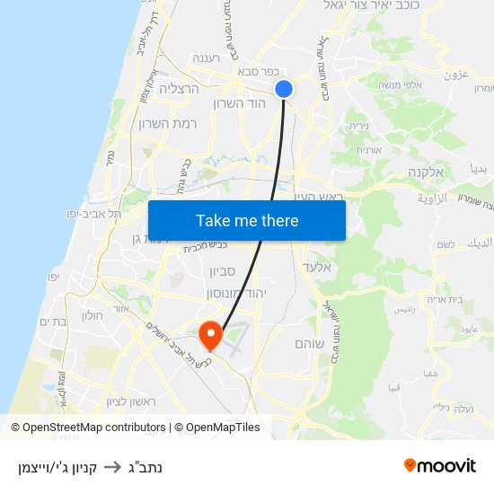 קניון ג'י/וייצמן to נתב"ג map