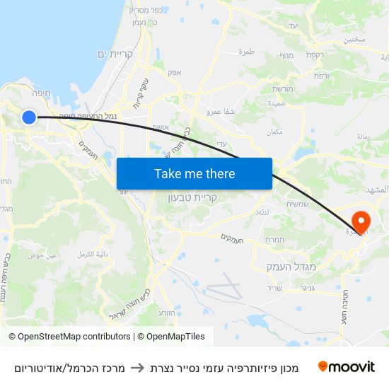 מרכז הכרמל/אודיטוריום to מכון פיזיותרפיה עזמי נסייר נצרת map