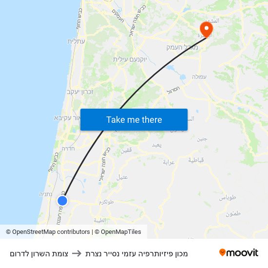 צומת השרון לדרום to מכון פיזיותרפיה עזמי נסייר נצרת map