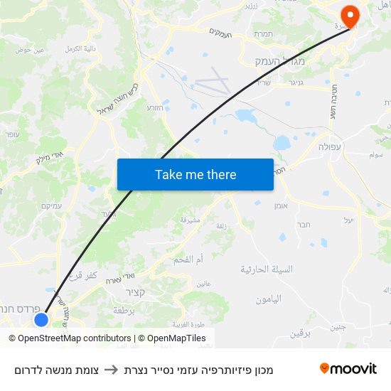 צומת מנשה לדרום to מכון פיזיותרפיה עזמי נסייר נצרת map