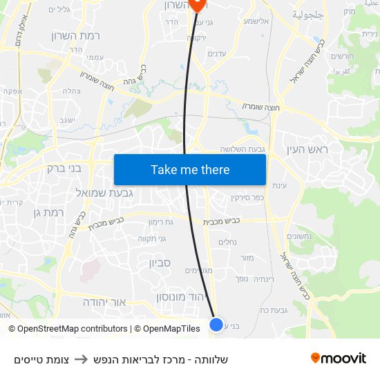 צומת טייסים to שלוותה - מרכז לבריאות הנפש map