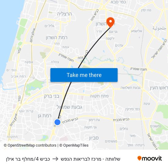 כביש 4/מחלף בר אילן to שלוותה - מרכז לבריאות הנפש map