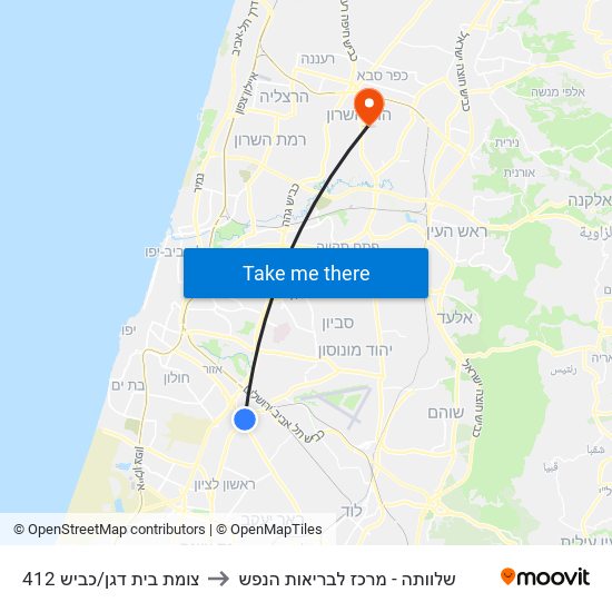 צומת בית דגן/כביש 412 to שלוותה - מרכז לבריאות הנפש map