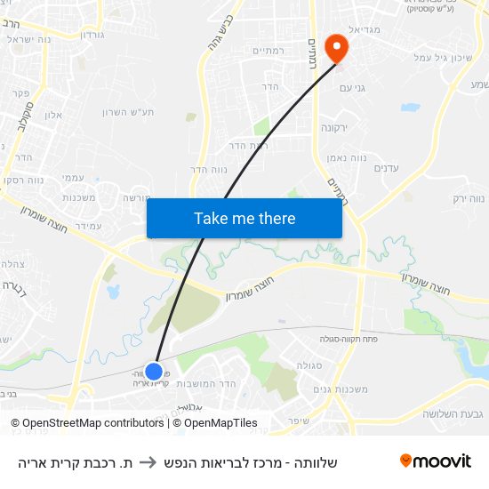 ת. רכבת קרית אריה to שלוותה - מרכז לבריאות הנפש map