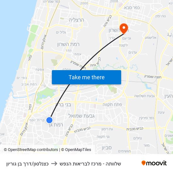 כצנלסון/דרך בן גוריון to שלוותה - מרכז לבריאות הנפש map