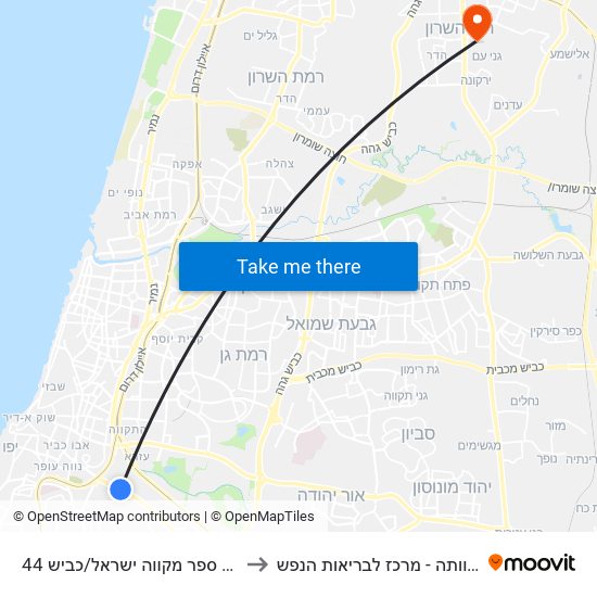 בית ספר מקווה ישראל/כביש 44 to שלוותה - מרכז לבריאות הנפש map