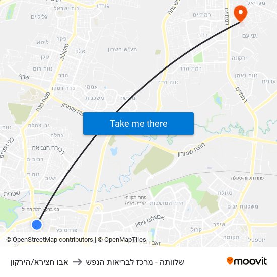אבו חצירא/הירקון to שלוותה - מרכז לבריאות הנפש map