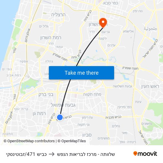 כביש 471/זבוטינסקי to שלוותה - מרכז לבריאות הנפש map