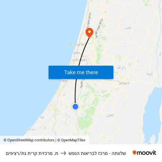 ת. מרכזית קרית גת/רציפים to שלוותה - מרכז לבריאות הנפש map