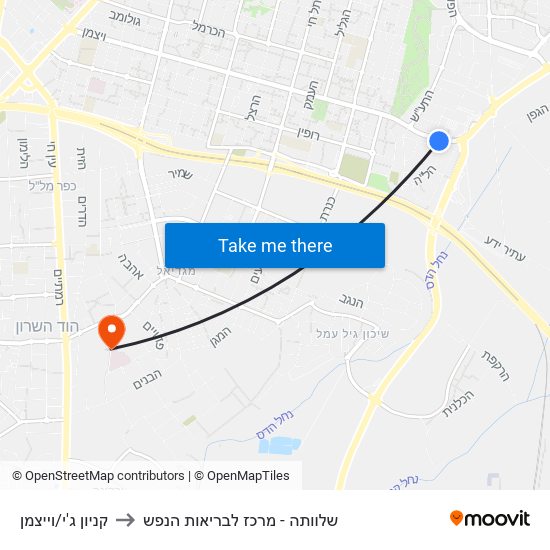 קניון ג'י/וייצמן to שלוותה - מרכז לבריאות הנפש map