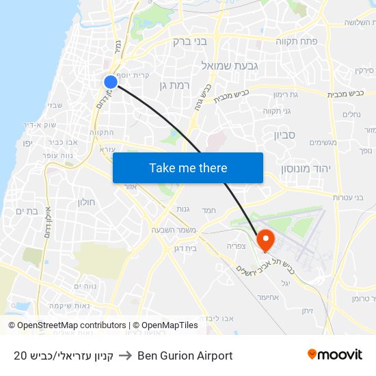 קניון עזריאלי/כביש 20 to Ben Gurion Airport map