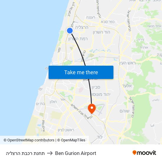 תחנת רכבת הרצליה to Ben Gurion Airport map