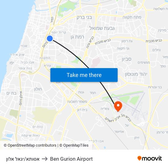 אסותא/יגאל אלון to Ben Gurion Airport map