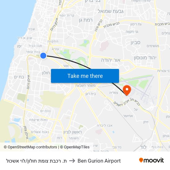 ת. רכבת צומת חולון/לוי אשכול to Ben Gurion Airport map