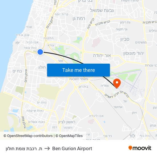 ת. רכבת צומת חולון to Ben Gurion Airport map