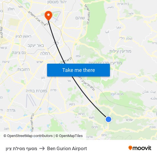 מסעף מסילת ציון to Ben Gurion Airport map