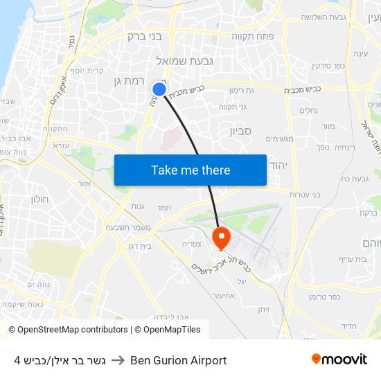 גשר בר אילן/כביש 4 to Ben Gurion Airport map