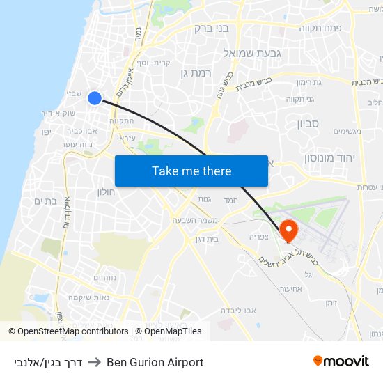 דרך בגין/אלנבי to Ben Gurion Airport map
