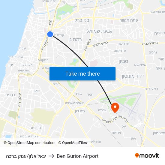 יגאל אלון/עמק ברכה to Ben Gurion Airport map