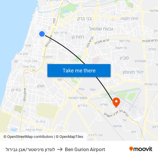 לונדון מיניסטור/אבן גבירול to Ben Gurion Airport map
