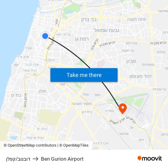 דובנוב/קפלן to Ben Gurion Airport map