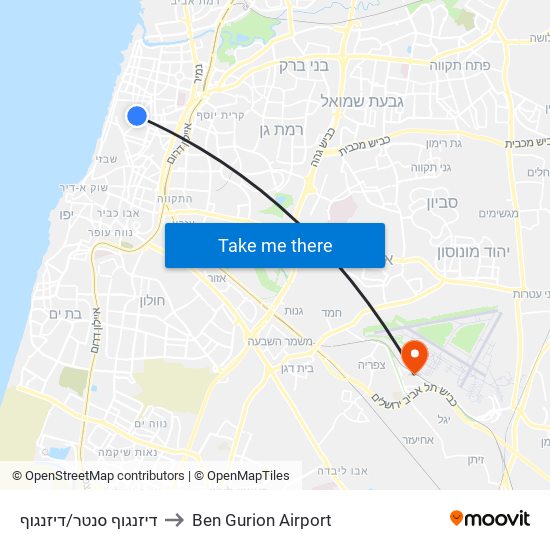 דיזנגוף סנטר/דיזנגוף to Ben Gurion Airport map