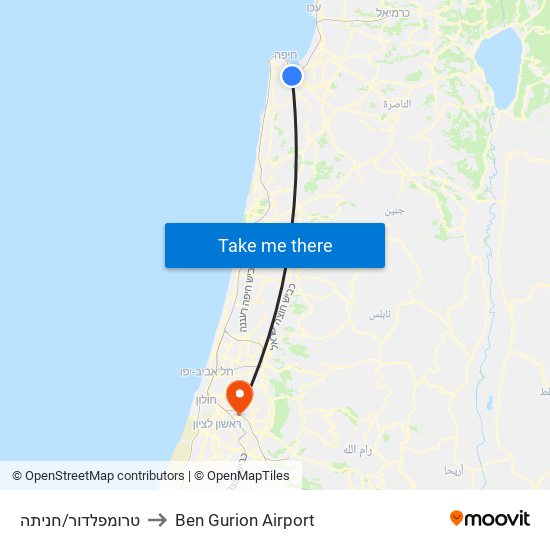 טרומפלדור/חניתה to Ben Gurion Airport map