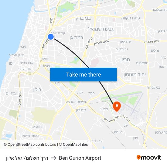 דרך השלום/יגאל אלון to Ben Gurion Airport map