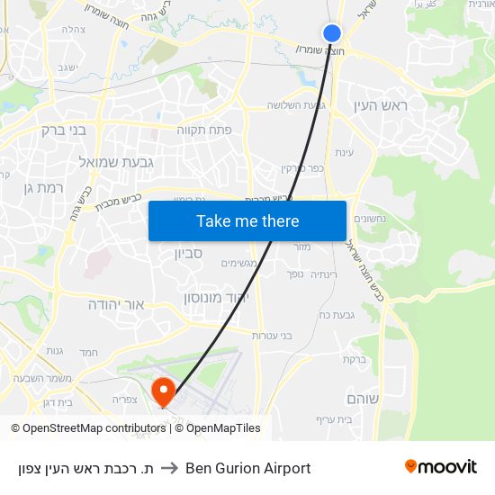 ת. רכבת ראש העין צפון to Ben Gurion Airport map