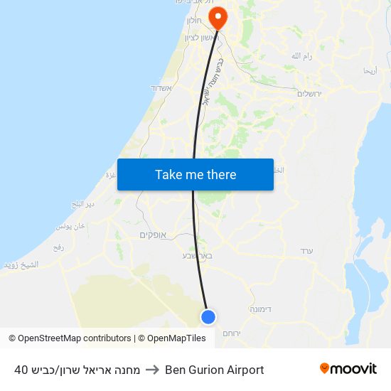 מחנה אריאל שרון/כביש 40 to Ben Gurion Airport map