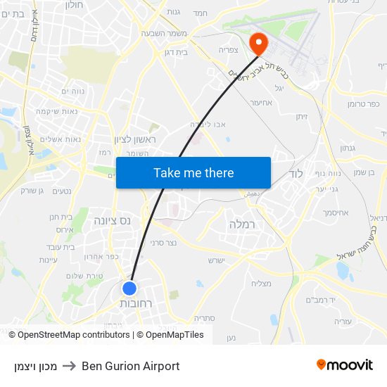 מכון ויצמן to Ben Gurion Airport map