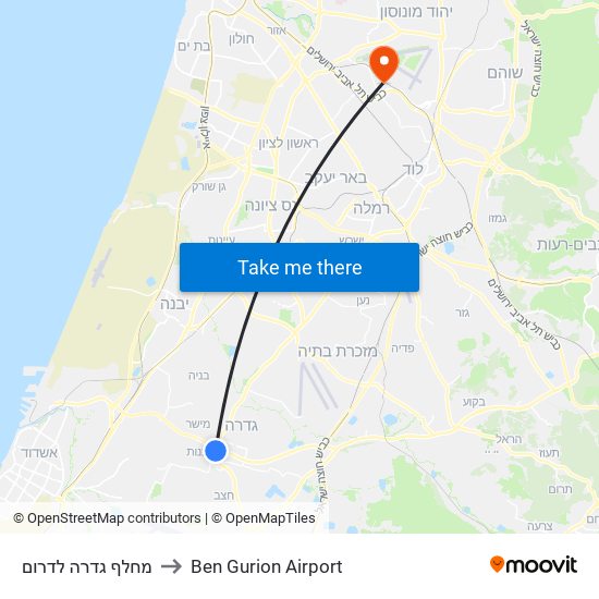 מחלף גדרה לדרום to Ben Gurion Airport map