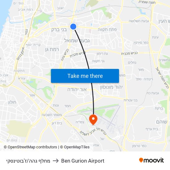 מחלף גהה/ז'בוטינסקי to Ben Gurion Airport map